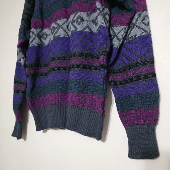 Vintage Geometric 3D Knit Cosby Sweater Mens M Purple 90s Wool Blend Faurl Isle - Picture 4 of 9